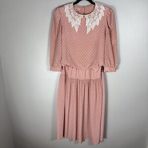 Vintage Act 1 Women's 11/12 Pink Blue Floral‎ Lace Collar 3/4 Sleeve Maxi Dress